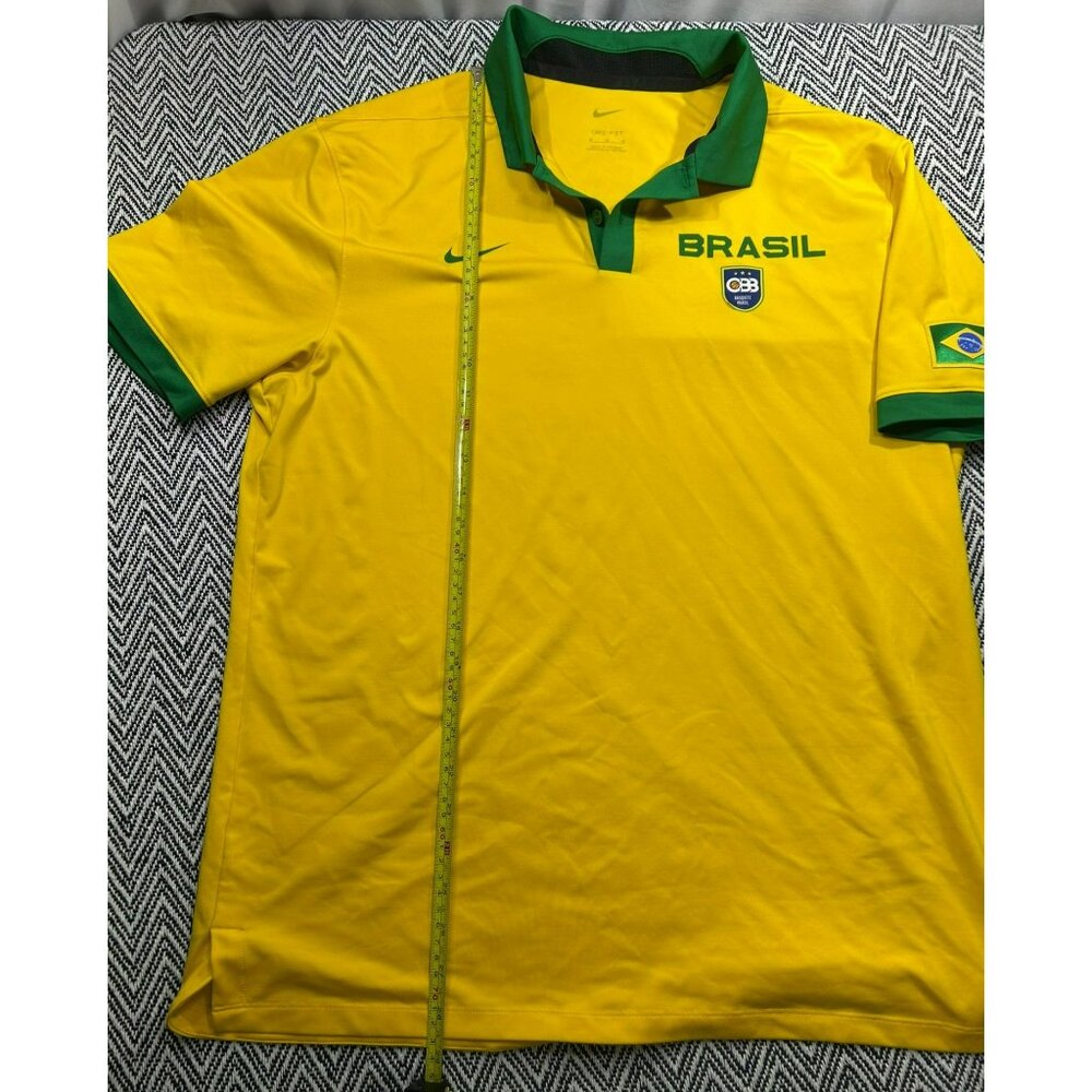 Nike Brasil Basketball Yellow Polo Shirt Green Collar & Sleeves Dri-Fit Size M - Picture 6 of 9